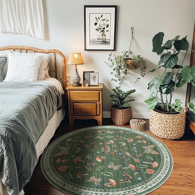 Mushroom Insect 3ft Round Rug Washable Non-Slip Soft Ultra-Thin Small Boho Circle Carpet for Entryway Kitchen Bedroom Nursery Dining Room Green