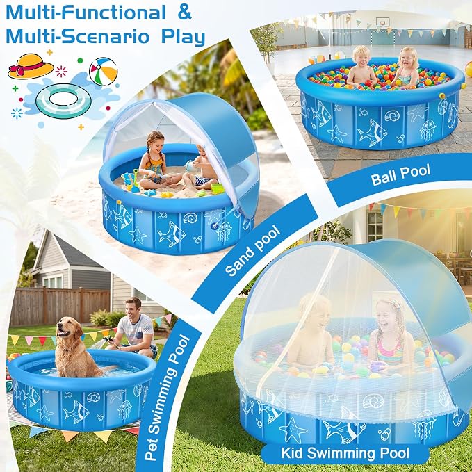KJX Baby Pool with Canopy Sprinkler, 47in Foldable Kiddie Pool with Tent | Pop Up Baby Beach Tent with Mosquito Net and Sun Shade Canopy, Portable Toddler Kids Small Pool for Backyard Beach Outdoor