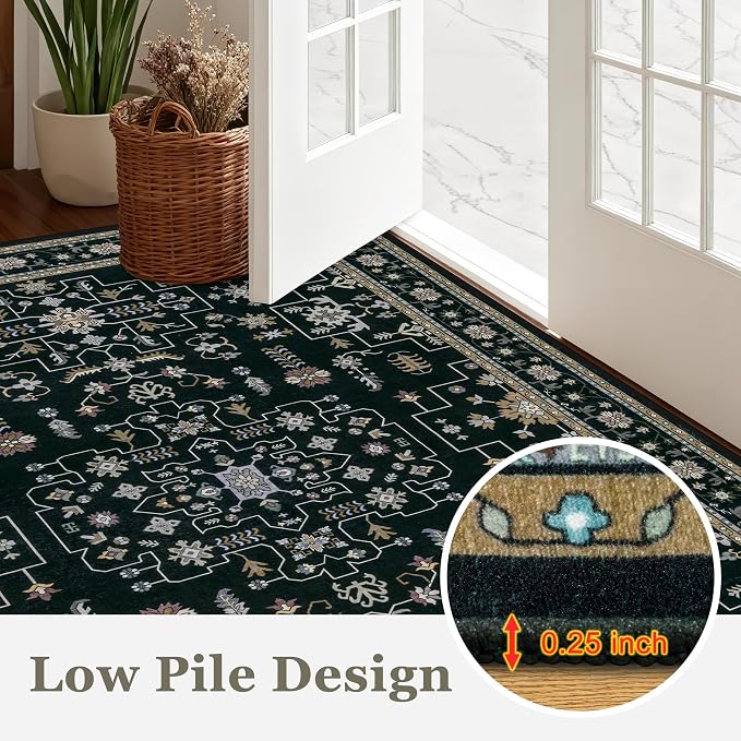 Round Area Rug for Living Room: 4ft Washable Rug for Bedroom Black | Vintage Boho Soft Round Rug Indoor Floor No Slip Carpet Stain Resistant Rugs for Bedroom Dining Room Nursery Home Office