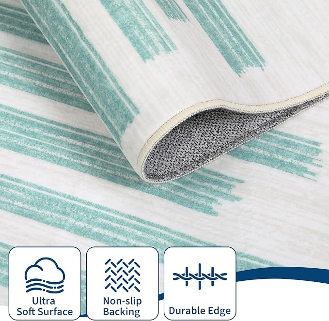 GarveeHome 2x6 Green Runner Rug for Hallway Striped Non Slip Kitchen Rug | Non-Slip Washable Low Pile Carpet for Bedroom Entryway Stain Resistant Foldable Soft Enreyway Rugs