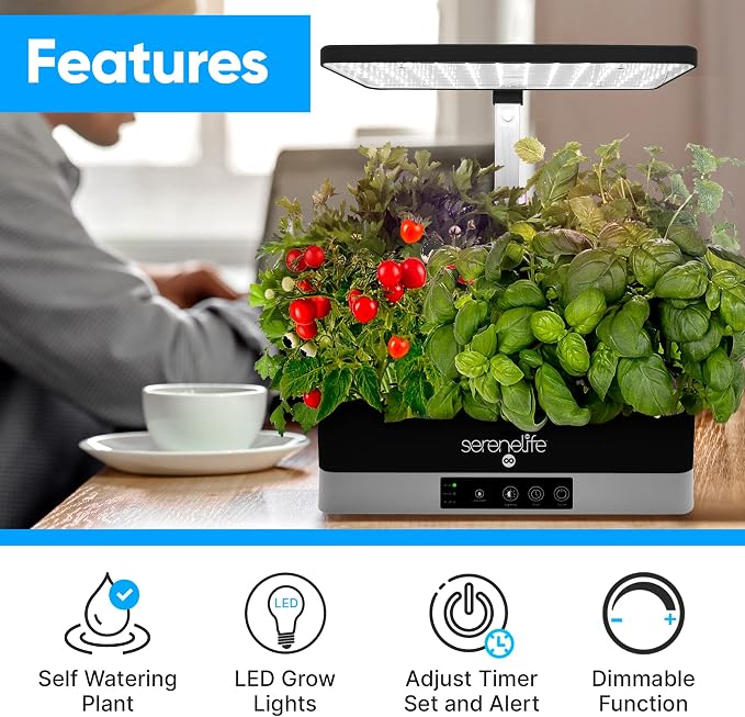 SereneLife Smart Starter Kit-Hydroponic Herb Garden Indoor Plant System w/Height Adjustable LED Grow Lights, 6 pods, 3 Modes-Home Kitchen, Bedroom, Office SLGLF130 (Black)