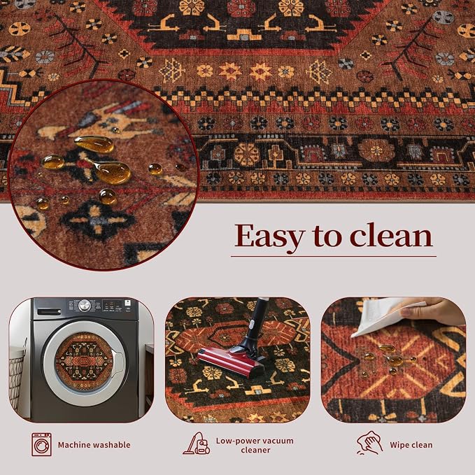 Ciicool 6ft Round Area Rug for Bedroom,Washable Large Circle for Kitchen | Vintage Non-Slip Low-Pile Oriental Indoor Mat Soft Boho Entry Carpet for Entryway Bedside Living Room Bathroom Dining Room