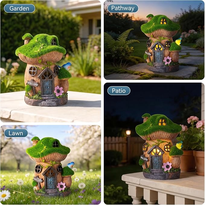 Mushroom Fairy Garden House, Solar Fairy House for Outside Decor with Bird, Outdoor Garden Statues for Yard, Lawn, Balcony,Patio, Outdoor Figurine Lights Gifts for Mom Women