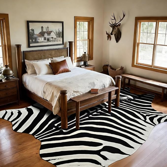 BENRON Zebra Rug, Animal Print Rug for Living Room Bedroom 6.2x7ft | Western Faux Zebra Print Rug, Animal Skin Carpets, Non-Slip Throw Rug for Home Decor, Black and White, Ivory