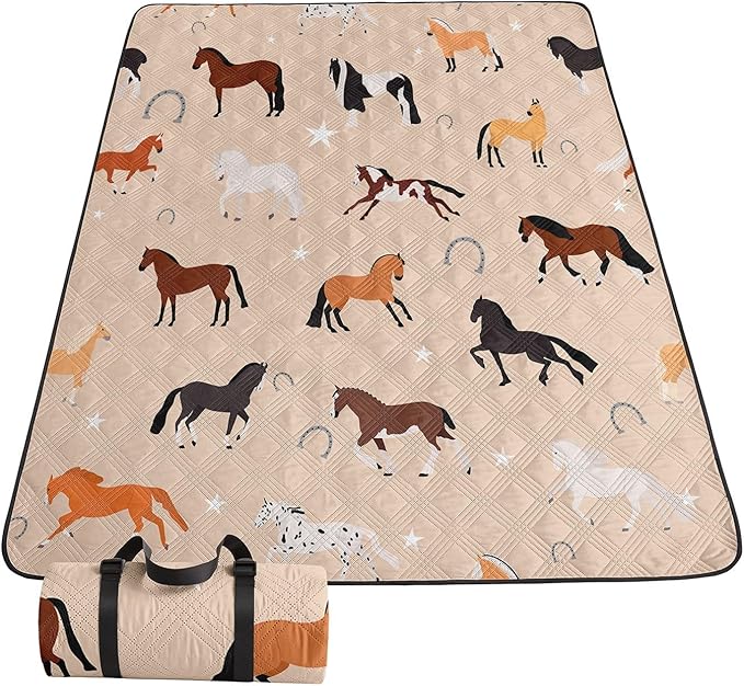 Outdoor Picnic Blanket,Portable Sandproof Waterproof Picnic Mat,Horses Printed Camping Beach Mat for Sand and Wet Grass Hiking (Horses S)
