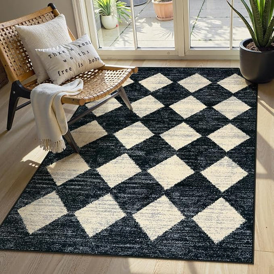 Lahome Zelie Machine Washable Area Rugs for Bedroom Aesthetic, 4x6 Soft Living Room Area Rug Non Slip Entryway Rugs, Moroccan Trellis Printed Black and White Indoor Kitchen Carpet for Bedside Office
