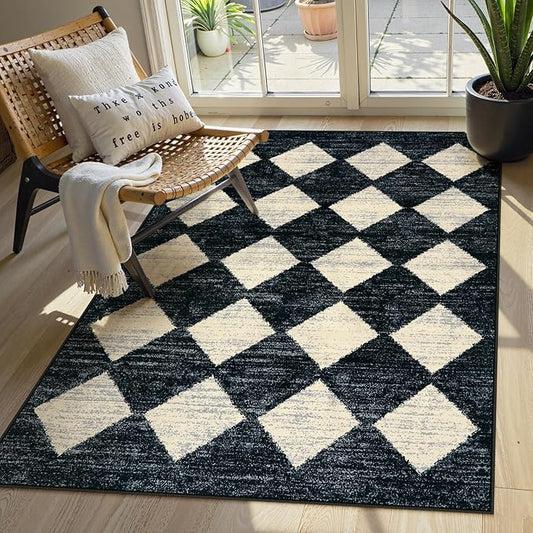 Lahome Zelie Moroccan Trellis Area Rug - 3x5 Washable Black Entry Rug Non Slip Living Room Mat, Distressed Lattice Soft Stain Resistance Indoor Throw Carpet for Front Door Foyer Bedroom Bathroom