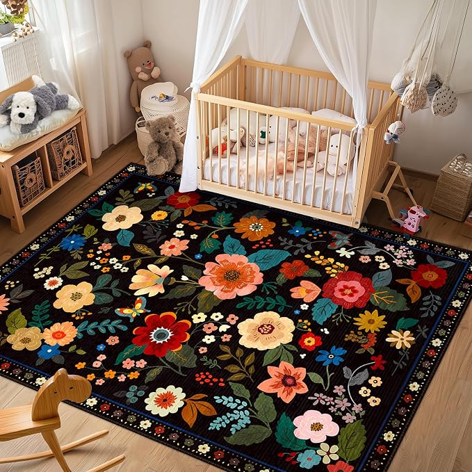 RELEANY Floral Washable 7x9 Area Rugs Black | Flower Carpet, Print, Boho, Non-Slip, Easy to Clean, Soft, Low Pile for Living Room Bedroom Kitchen Office Entryway Hallway