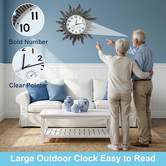 Garden Outdoor Clocks with Thermometer and Hygrometer Combo, Silent No-Ticking Outdoor Wall Clocks, Waterproof Outdoor Clocks Vintage Copper Sun, 18.5 Inch