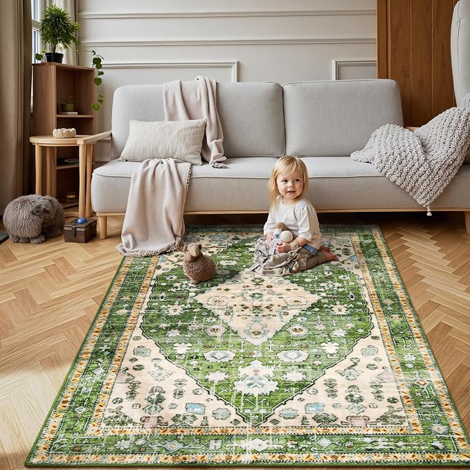 Lahome Felice Boho Tribal Area Rug - 4x6 Green Machine Washable Bedroom Rugs for Living Room, Disstressed Soft Non Slip Indoor Nursery Floor Mat Carpet for Kitchen Table Home Office Camper RV Bar