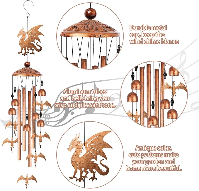 Dragon Wind Chimes for Outside, Fantasy Gifts for Men Women Metal Windchimes Outdoors, Medieval Dragon Home Garden Patio Yard Decor