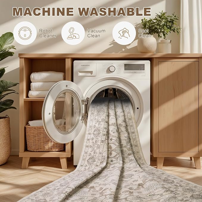10x12 Area Rugs Living Room: Washable Rug for Bedroom Brown Beige | Vintage No Slip Stain Resistant Rug Soft Indoor Decor Floor Floral Area Rugs for Dining Room, Nursery, Hallway, Home Office