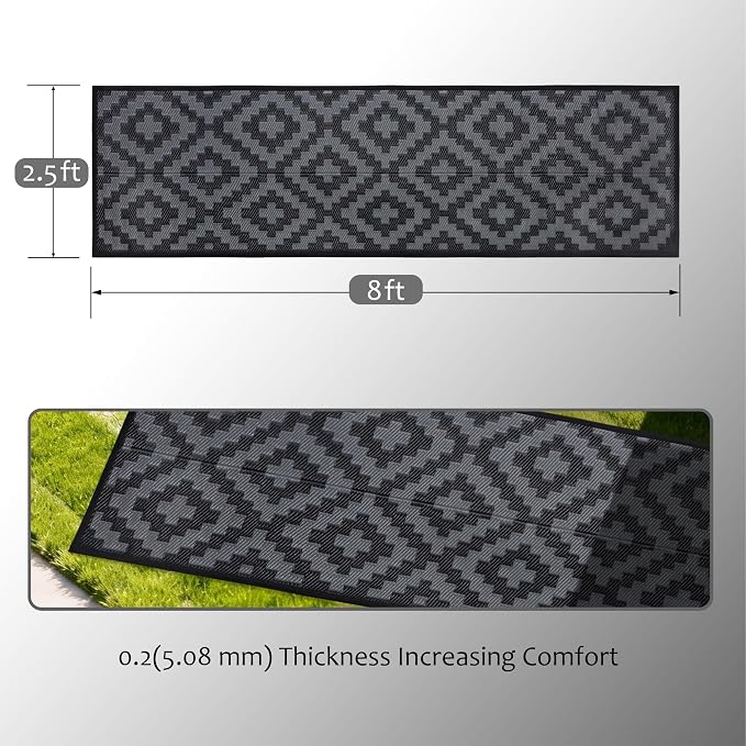 SAND MINE Waterproof Outdoor Rug, Plastic Reversible Rug, Modern Area Rug, Large Floor Mat for Outdoors, RV, Patio, Backyard, Deck, Picnic, Beach, Camping (2.5' x 8', Black Grey Lattice)