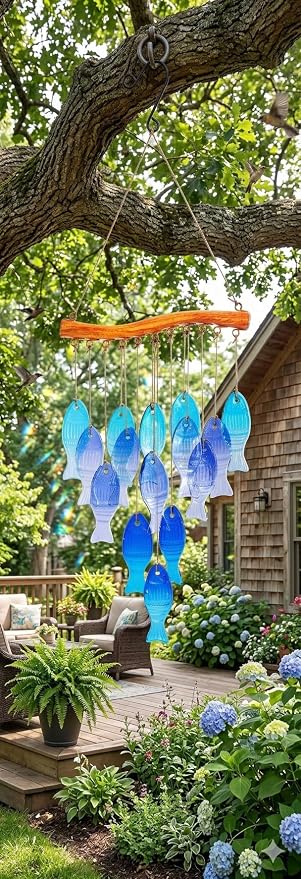 Glass Fish Wind Chimes for Outside/Inside - Handcrafted Stained Glass and Iron Decorative Sea Glass Windchime - Unique Bohemian Coastal Decor for Garden, Patio, Porch - Sympathy Gift (Blue Fish)