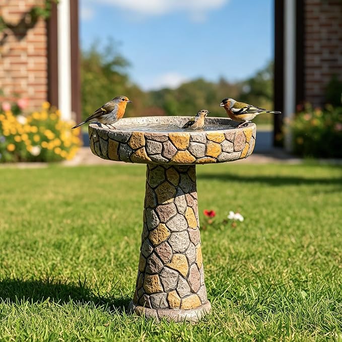 SKYFIRE 24" H Outdoor Bird Bath, Concrete Freestanding Pedestal Birdbath, Rustic Faux Stone Bird Bath Bowl for Garden, Patio, Yard, Lawn - 18.8" Dia. x 24" H Weather Resistant Garden Decoration