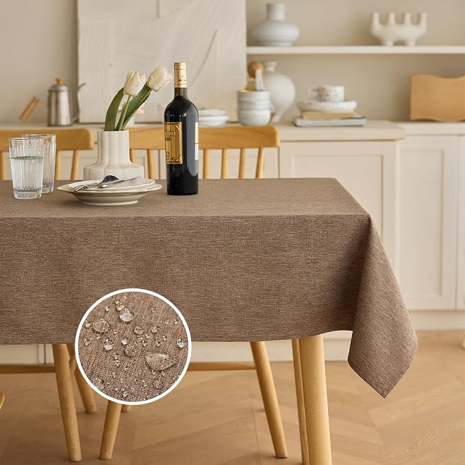 Decorelia Waterproof Farmhouse Table Cloth for Party Wedding Table, Solid Linen Woven Fall Spill-Proof Tablecloth for Dining Room, Farmhouse, Restaurant (Oblong, 60 x 120 Inch (10-12 Seats), Coffee)