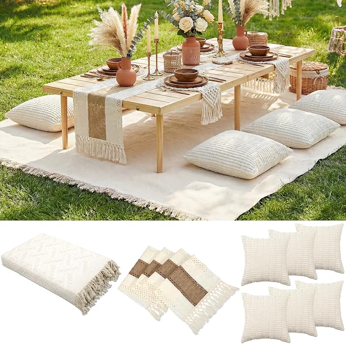 Beeveer 8 Pcs Cream White Picnic Kit, 91x71'' Extra Large Outdoor Boho Picnic Blanket, Low Table Runner, 6 Throw Pillow Cover, Woven Cotton Yarn Oversize Washable Beach Blanket for Camp Wedding Garden