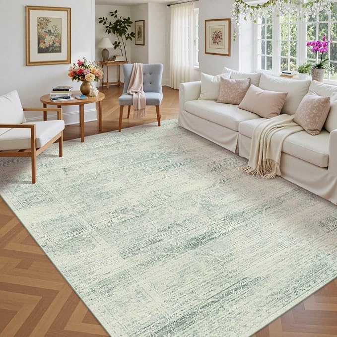 Latte&Fog Area Rugs 6x9 for Living Room, Washable Green Rugs for Bedroom | for Dining Kitchen Kids Playroom Nursery Classroom Dorm Farmhouse Office Non Slip Low Pile Soft Floral Indoor Vintage Carpet