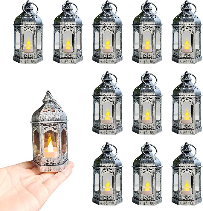 LLQ 12Pcs Mini Silver Lantern with LED Tea Light, Vintage Hanging Moroccan Small Lanterns Decorative, Battery Included, for Ramadan, Wedding, Halloween, Christmas, Diwali Table Centerpiece
