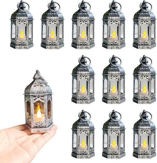 LLQ 12Pcs Mini Silver Lantern with LED Tea Light, Vintage Hanging Moroccan Small Lanterns Decorative, Battery Included, for Ramadan, Wedding, Halloween, Christmas, Diwali Table Centerpiece