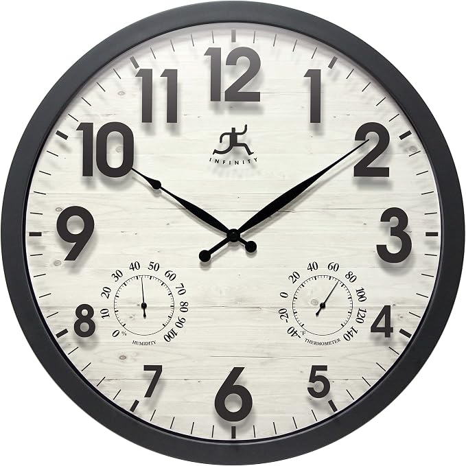 Concordia 17.5-Inch Indoor/Outdoor Waterproof Wall Clock with Built-in Hygrometer & Thermometer. Light Wood Clock Face with Black Frame, Silent Battery Operated, Round Clock Wall Decor for Patio/Home