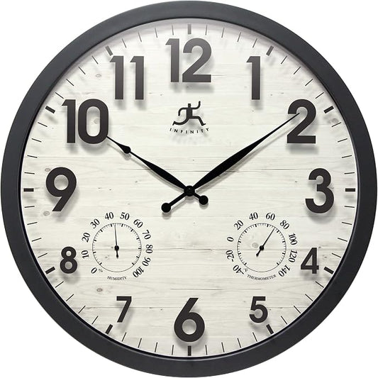 Concordia 17.5-Inch Indoor/Outdoor Waterproof Wall Clock with Built-in Hygrometer & Thermometer. Light Wood Clock Face with Black Frame, Silent Battery Operated, Round Clock Wall Decor for Patio/Home
