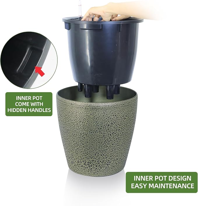 Dexceder 13x12 Self Watering Planter with Wheels (Black Gold Crackle) | Inner Pot Design, Thickened Large Floor Standing Flower Plant Pot with Water Level Indicator Indoor Outdoor