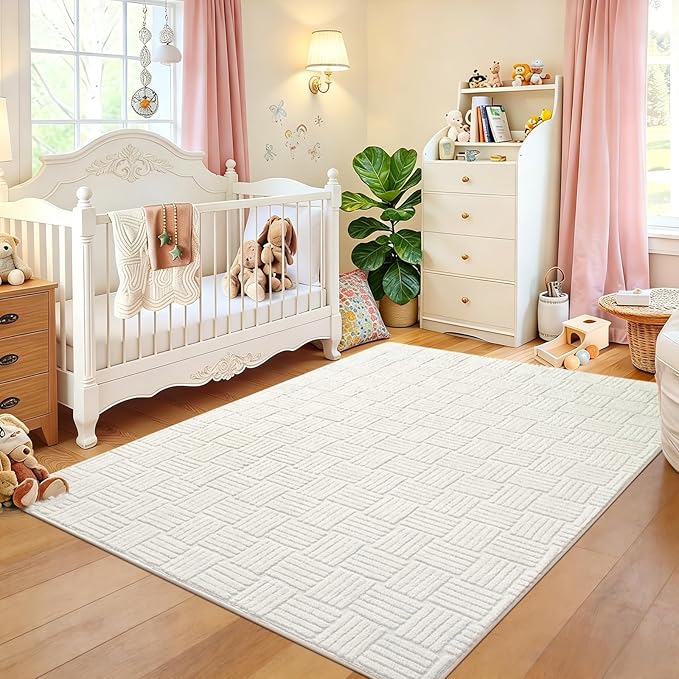 3x5 White Washable Shag Area Rug for Girls Bedroom, Modern Geometric Non Slip Living Room Rugs, Soft Carpet for Kids Room, Dorm, Office, Bedside, Entryway and Home Decor