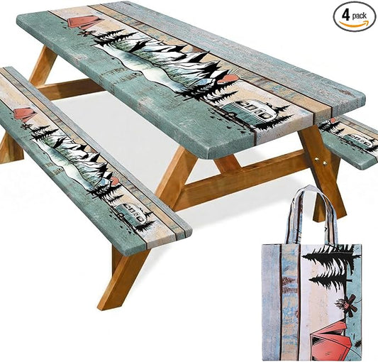 Picnic Table Cover with Bench Covers Elastic Edges Outdoor Camping Essentials 4 Pcs Scenery Waterproof Oil-Proof Tablecloth with Handbag for RV Accessories Farmhouse Camping Rustic Party Decor 72 IN