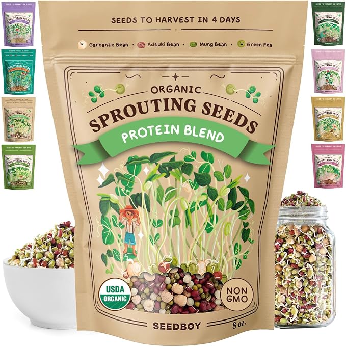 Seedboy Organic Non-GMO Sprouting Seeds, Protein Blend - USA Grown Microgreens Mix with Garbanzo, Mung Bean, Adzuki Beans, Green Pea - 8 oz Bag Makes 6 Quarts / 24 Servings (Protein Blend)