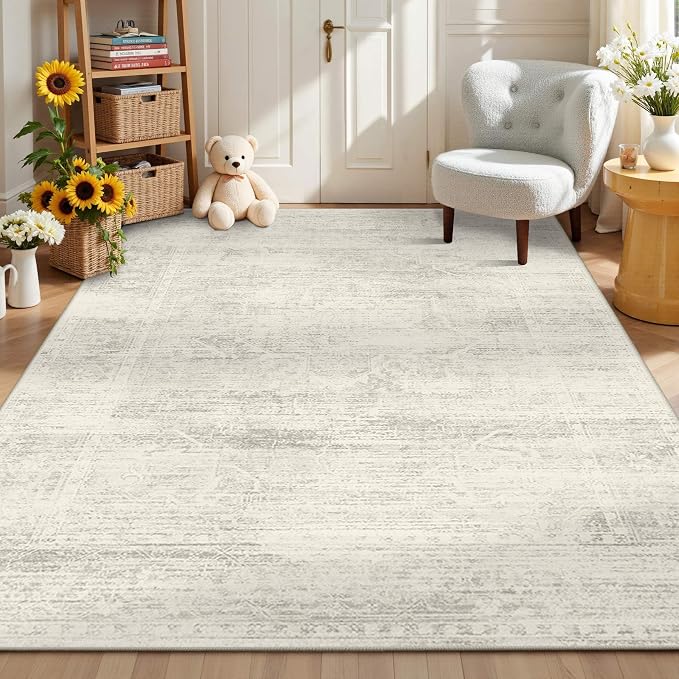 Latte&Fog 6x9 Area Rugs for Living Room Washable Large Neutral Ivory Rugs | for Bedroom Dining Kitchen Kids Playroom Nursery Classroom Dorm Farmhouse Office, Non Slip Low Pile Soft Floral Carpet Indoor