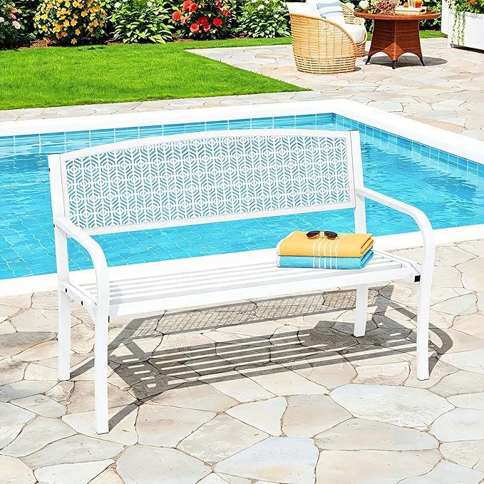 50" Outdoor Metal Garden Bench, Patio Steel Bench with Curved Backrest, Decorative Pattern, Weather-Resistant Porch Bench for Yard, Park, Deck, Backyard