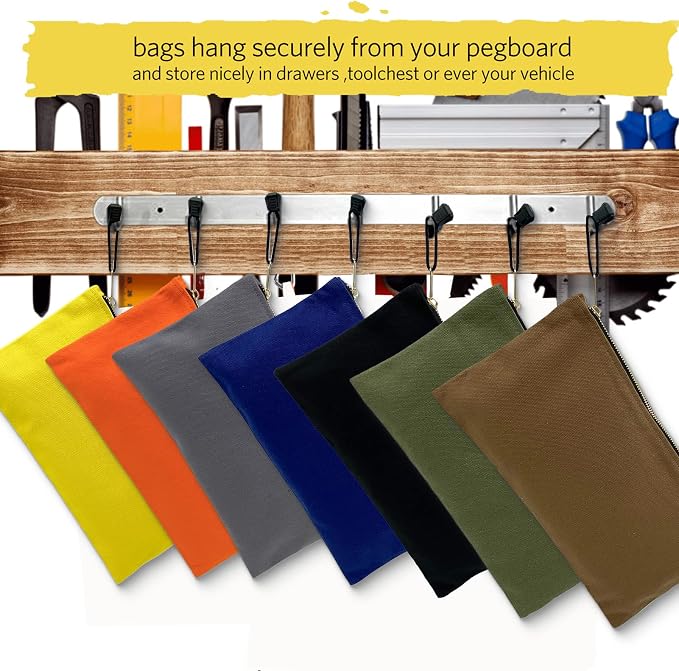 Heavy Duty Canvas Tool Bag Organizer, 7 Pack Assorted Colors 12.5″ x 7″ | Zipper Utility Pouches, Multipurpose Storage for Tools, Craft Supplies, Electronics, Travel, Home & Workshop