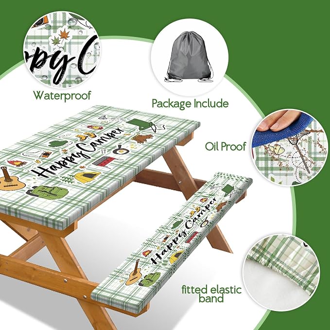 NYMB Picnic Table Cover with Bench Covers, Happy Camper Farm Plaid Fitted Table Cover, Outdoor Patio Camping Essentials, Waterproof Camping Fitted Tablecloth with Drawstring Bag, 30x60in (Green)