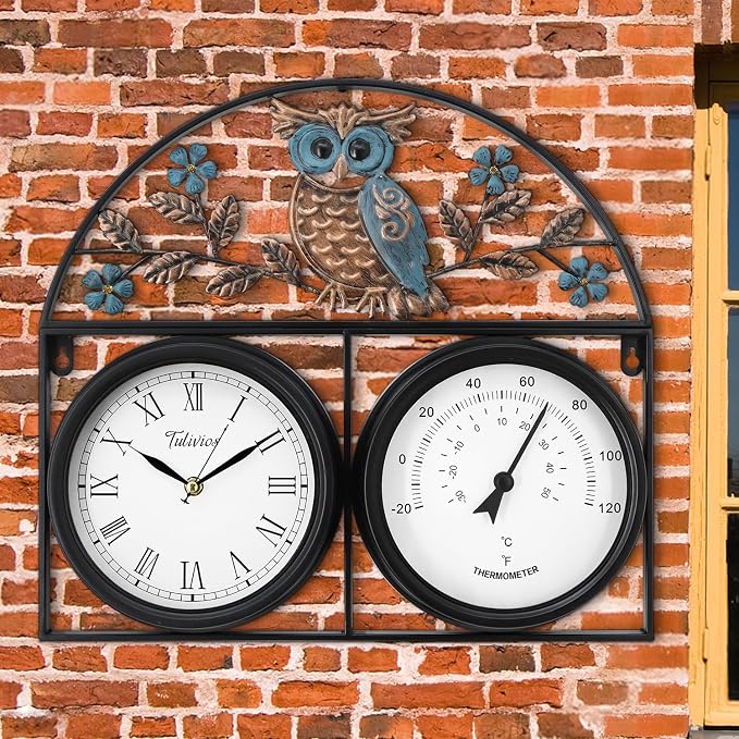 17Inch Large Outdoor Clock,Waterproof Wall Clock with Thermometer,Weatherproof Non-Ticking Quartz Battery Operated Decor Clock for Patio,Garden,Pool,Porch,House Warming Gifts