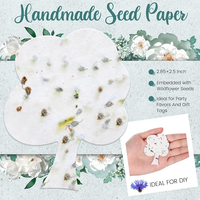 Dunzoom 50 Pcs Handmade Seed Paper Plantable Wildflower Seed Paper Recycled Flower Petals Tags Wedding Favors for Guests Craft Gifts Cards for Envelope Birthday Party, 5 Styles (Tree Shape)
