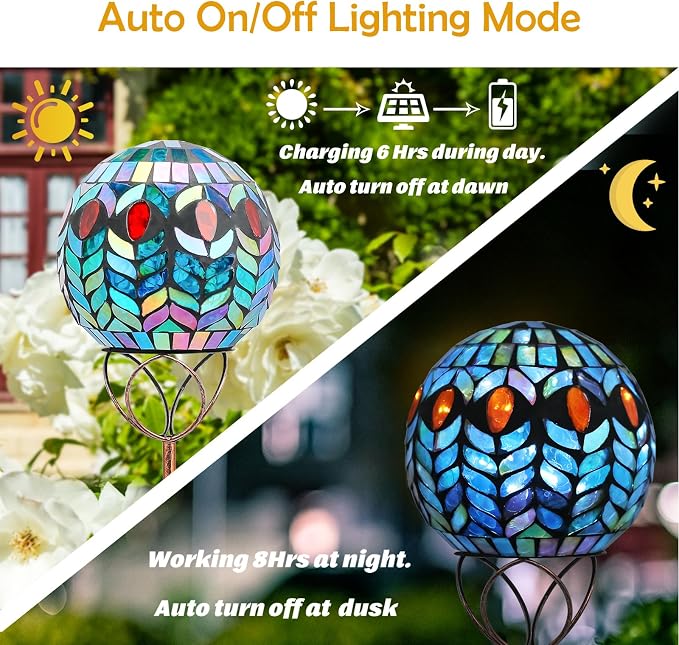 Solar Outdoor Decorative Light, Mosaic Ball Stake for Yard Decor, 6" | 6" Crackle Glass Sphere Mosaic Glass Ball Stake, Waterproof Design & Solar Lights for Lawn, Yard & Pathway Decor, Green
