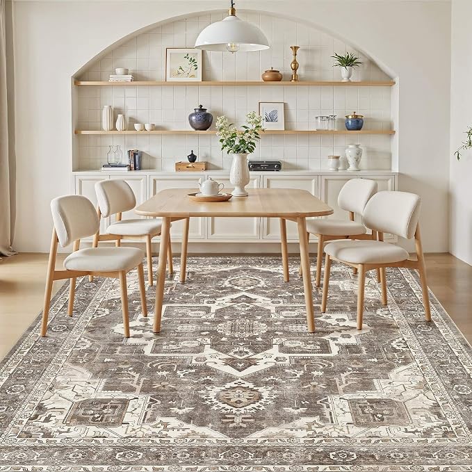Vintage Washable 10x14 Area Rug for Living Room, Brown | Soft Low Pile Rug with Non-Slip Backing, Stain Resistant for Bedroom or Dining Room, Kid & Pet Friendly
