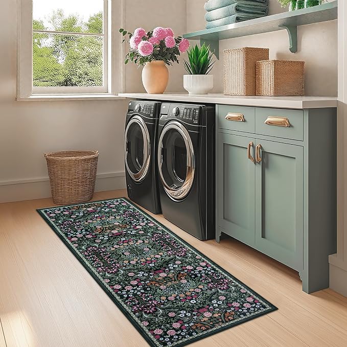 PLHXFR 2.6x8 Washable Runner Rug：Floral Indoor Kitchen Carpet Dark Green | For Hallway Bedroom Kitchen Laundry Bathroom Dorm,Vintage Floral,Machine washable,Non Slip,Stain Resistant,Indoor Floor