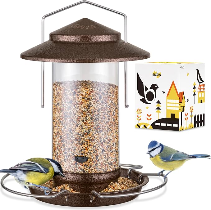 iBorn Bird Feeder Metal Squirrel Chew Proof Bird Feeders for Outdoors Hanging Outside for Cardinal, Holds 1.32LB Seed with 3 Perchs, Brushed Coffee (Seed is not Included)
