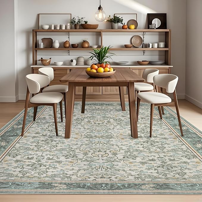 GarveeHome 5x7 Area Rugs for Living Room: Washable Bedroom Rug Sage Green | Boho Vintage Non Slip Soft Low Pile Stain Resistant Indoor Carpet for Farmhouse Dining Room Nursery Home Office