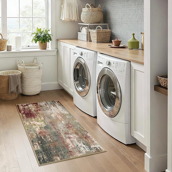 RELEANY Washable 2'x4' Abstract Area Rug for Living Room Rustic Brown | Carpet for Bedroom, Kitchen, Office, Hallway and Entryway, Printed Pattern, Non‑Slip, Soft, Stain‑Resistant, Easy to Clean