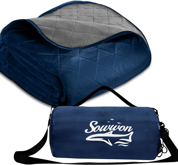 Waterproof Outdoor Blanket 92"x60" Large Quilted Fleece 300GSM Navy | Stadium Blankets for Camping, Packable, Windproof Emergency Throw for Grass Picnic Hiking Road Trip, Machine Washable