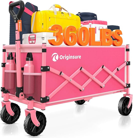 Originsure Collapsible Wagon Cart Foldable - Lightweight Portable Heavy Duty Folding Beach Wagons with Wheels - Outdoor Utility Carts for Grocery, Camping, Shopping with Large Capacity - Pink