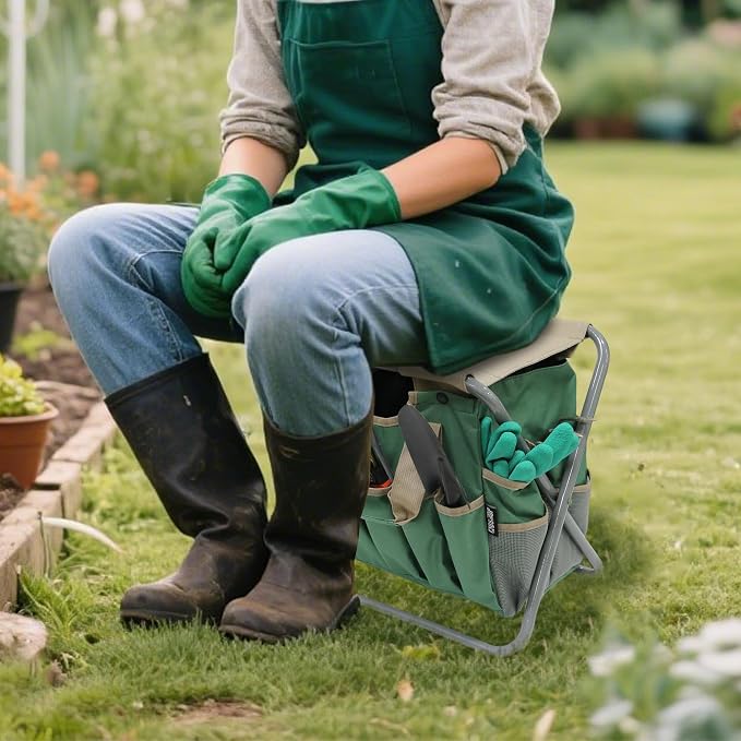 MDSTOP Folding Gardening Stool with Detachable Storage Tote Bag, Gardening Tools Set Organizer for Fishing Outdoor Sports Hiking Camping Garden, Gardening Gifts for Mom/Dad and Gardeners