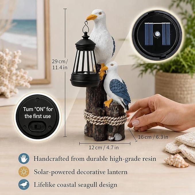 Seagull Solar Garden Outdoor Decor Statues with LED Lantern, Hand Painted Resin Animal Figurine Lights for Beach Pool Coastal Patio Lawn Yard Pathway, Unique Nautical Gifts For Women Mom Grandma
