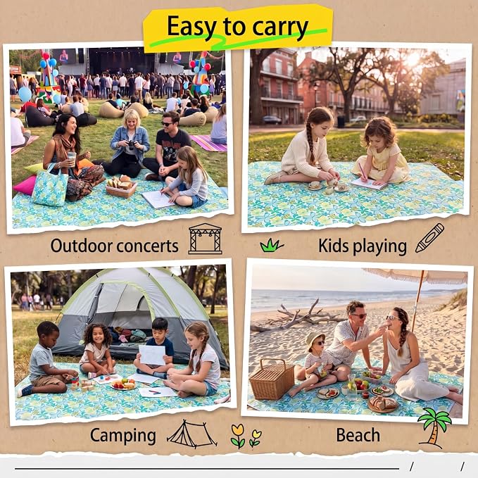 Shellwei 6 Pcs Beach Blankets Waterproof Sandproof Extra Large 80 x 60 Inch Outdoor Picnic Blankets Foldable Portable Beach Mat Tote Travel Supplies for Camping Park Grass (Blue Lily)