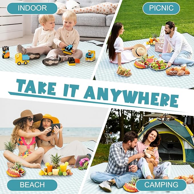 80" x 100" Extra Large Picnic Blankets Beach Mat Sandproof Waterproof Foldable Oxford Blanket Beach Mat Picnic Stuff for Family Camping Hiking Party Park Grass (Green and White,Plaid)