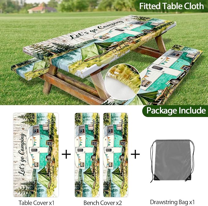 Picnic Table Cover with Bench Covers Elastic Edges, Camping Watercolor Wooden Table Cover, Outdoor Patio Camping Essentials 60 Inch 3PCS, Waterproof Washable Fitted Tablecloth with Drawstring Bag