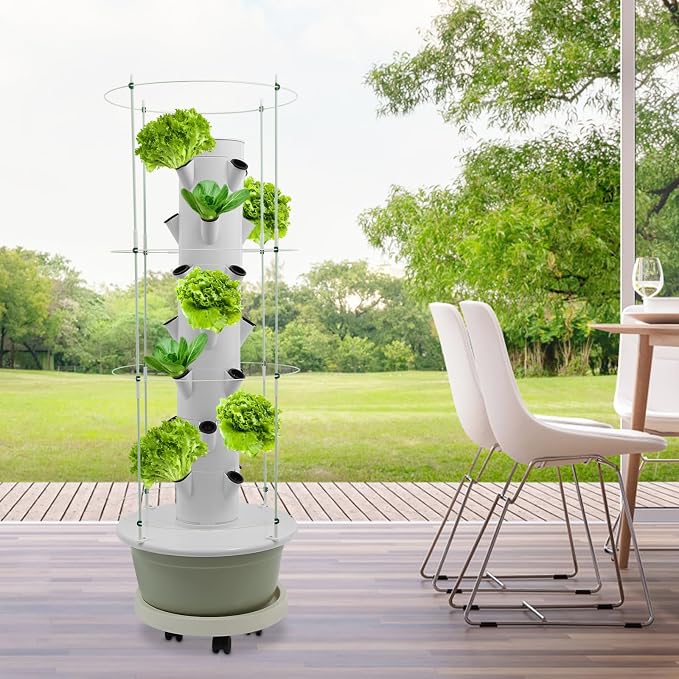 28 Pods Hydroponics Growing System kit, 7-Layer Movable Vertical Hydroponic Tower with Pump Timer Climbing Support Frame Indoor Gardening System for Vegetables Fruits Herb